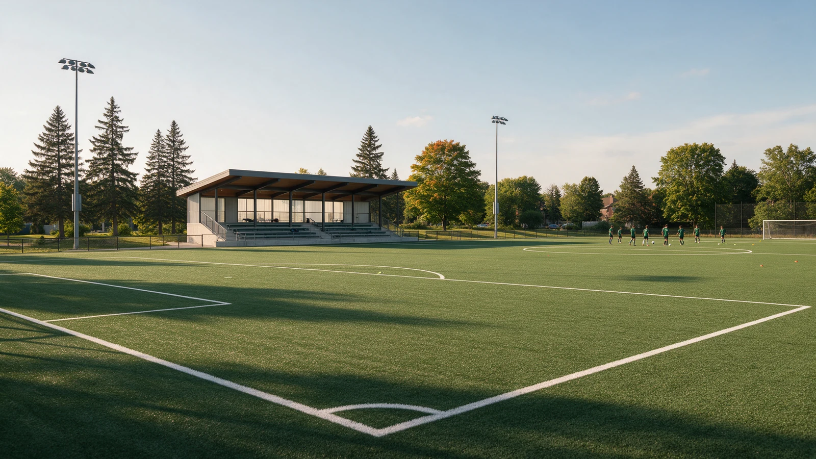 AI-created concept of a future Ottawa community soccer facility with green pitches and a covered spectator stand